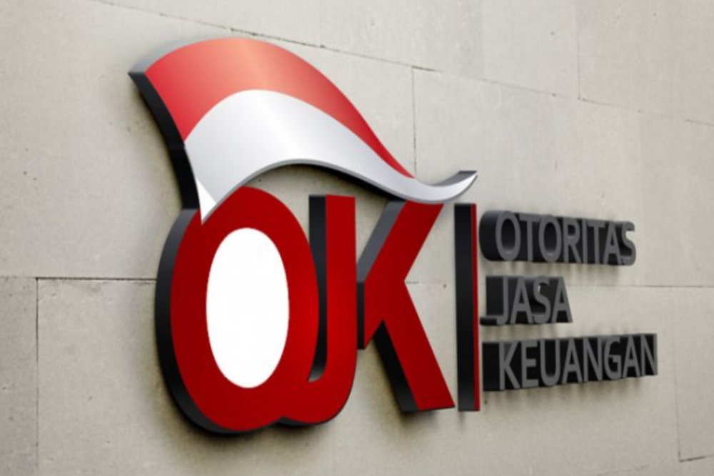  The red and white logo of OJK (Otoritas Jasa Keuangan) with the Indonesian flag located on a textured gray wall.